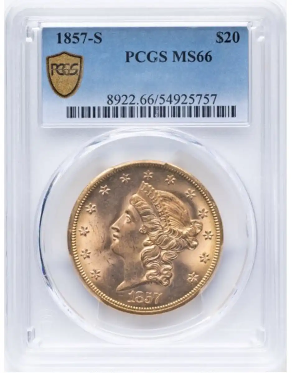 1857-S-$20-Liberty-Double-Eagle---Spiked-Shield-20A---#75-In-100-Greatest-Coins